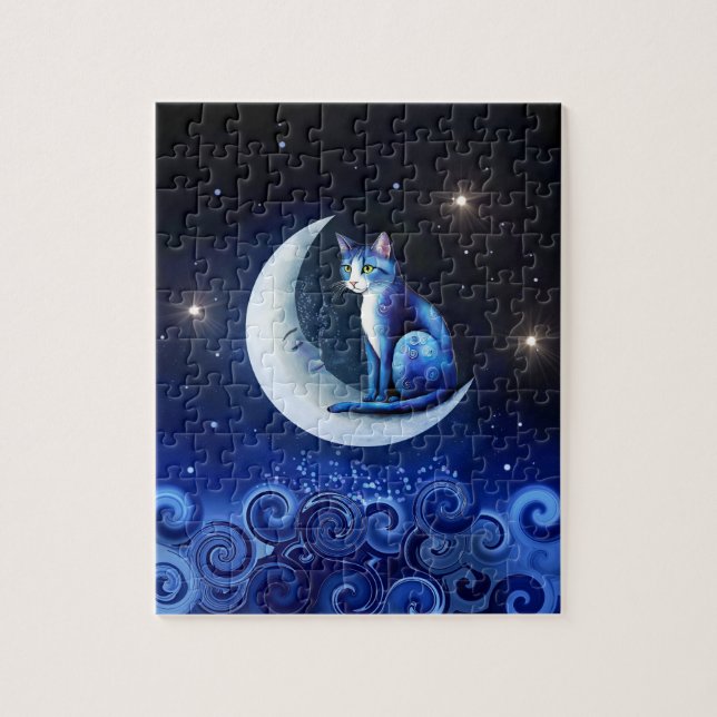 Quebra-cabeça Cat on Crescent Moon Blue Cat 773 (Vertical)