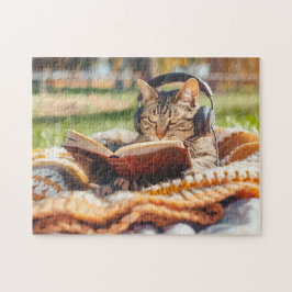 Quebra-cabeça Cat reading book on knitted blanket