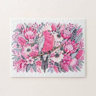 Quebra-cabeça Catatua de Peito Rosa Protea Rosa Aquarela