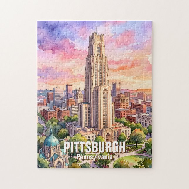 Quebra-cabeça Catedral de Aprendizado de Pittsburgh em Aquarela  (Vertical)