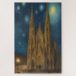 Quebra-cabeça Catedral de Barcelona à Noite estilo Van Gogh