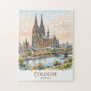 Quebra-cabeça Catedral de Colônia Alemanha Aquarela Silhueta da