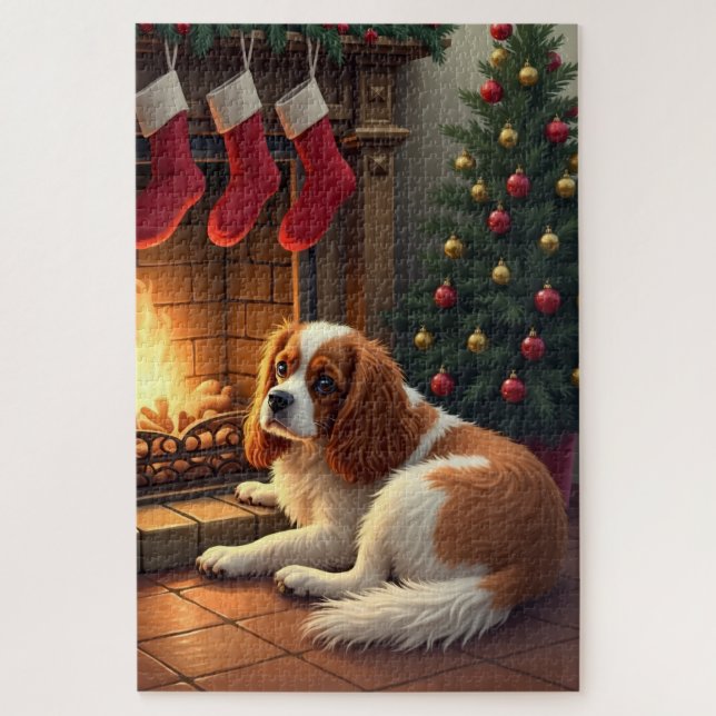Quebra-cabeça Cavalier King Charles junto à Lareira Natal (Vertical)