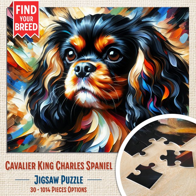 Quebra-cabeça Cavalier King Charles Spaniel Cão Impressão Acríli (Black & Tan Cavalier Jigsaw Puzzle. Artistic acrylic style. Available in 30-1014 pieces.)