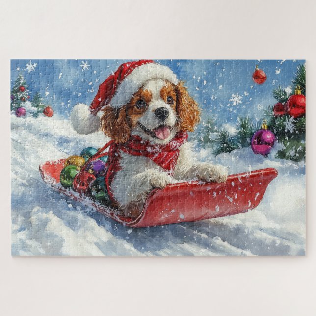 Quebra-cabeça Cavalier King Charles Spaniel Dog Sledge Natal (Horizontal)