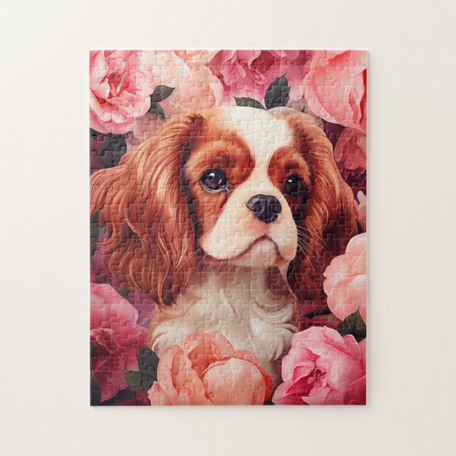 Quebra-cabeça Cavalier King Charles Spaniel em Rosas (Vertical)