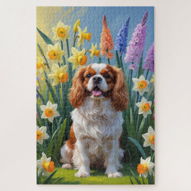 Quebra-cabeça Cavalier King Charles Spaniel Flores da Primavera (Vertical)
