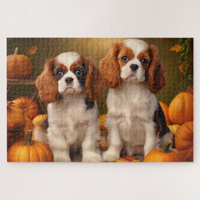 Quebra-cabeça Cavalier King Charles Spaniel Puppy Autumn Pumpkin (Horizontal)