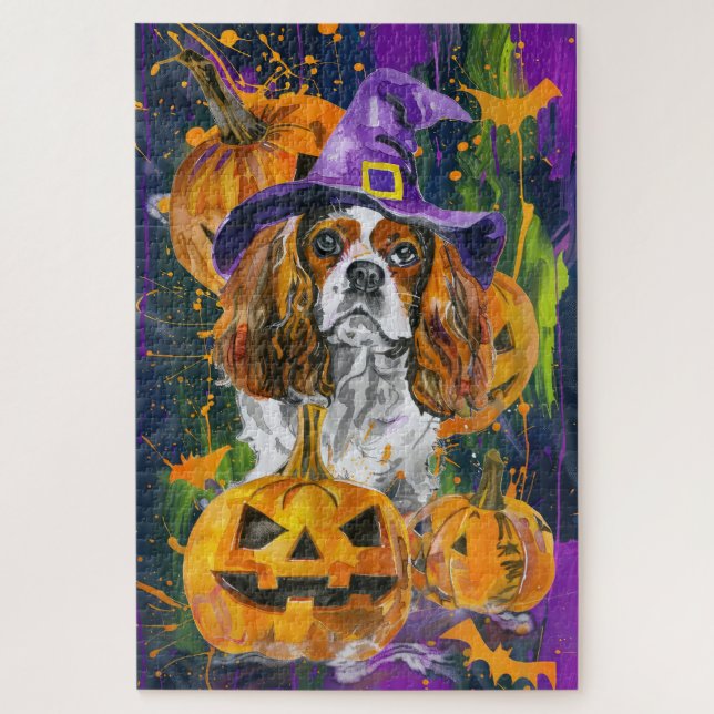 Quebra-cabeça Cavalier King Dog Halloween Witée E Pumpkin (Vertical)