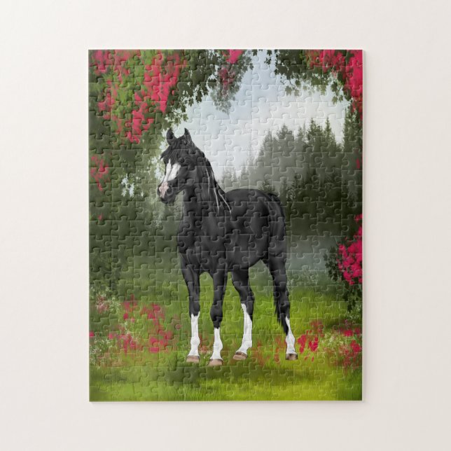 Quebra-cabeça Cavalo Árabe Preto em Prado de Primavera (Vertical)