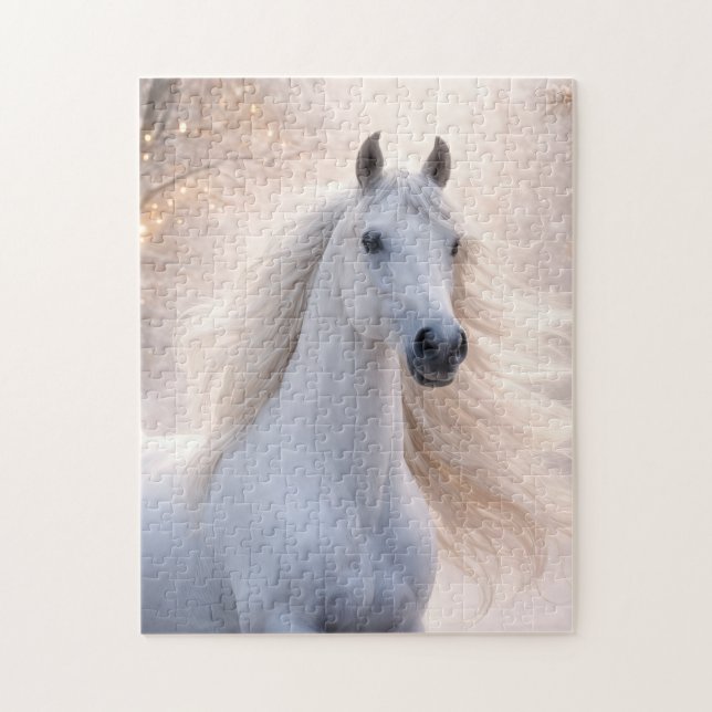Quebra-cabeça Cavalo Branco Bonito no Feriado de Neve (Vertical)