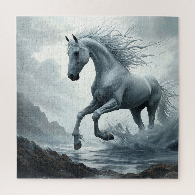Quebra-cabeça Cavalo Branco Correndo Através da Água (Vertical)