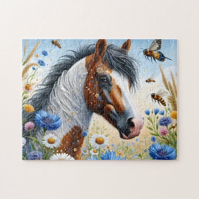 Quebra-cabeça Cavalo Branco Floral (Horizontal)