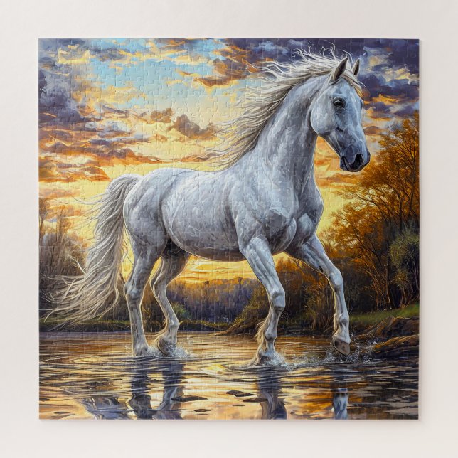 Quebra-cabeça Cavalo Branco Majestoso Galopando Através da Água (Vertical)
