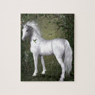 Quebra-cabeça Cavalo Branco na floresta com beija-flores