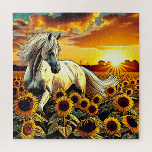 Quebra-cabeça Cavalo Branco no Campo de Girassóis no Sunset
