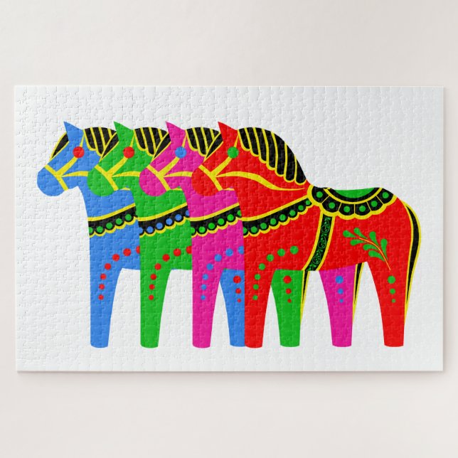 Quebra-cabeça Cavalo de dala nórdica vermelho/azul/rosa/verde (Horizontal)