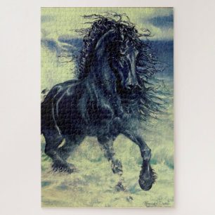 Quebra-cabeça Cavalo de garanhão negro da frísia em ondas oce