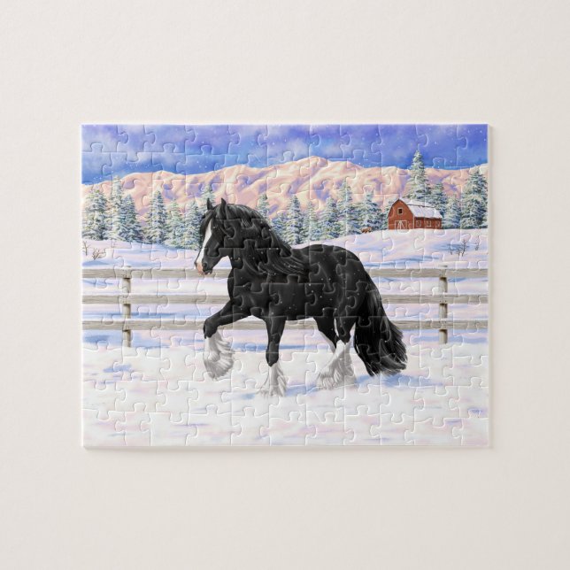 Quebra-cabeça Cavalo de Rascunho do Vanner Cigano Negro e Branco (Horizontal)