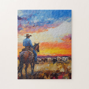 Quebra-cabeça Cavalo e Cavaleiro Verificando a Erva no Sunset