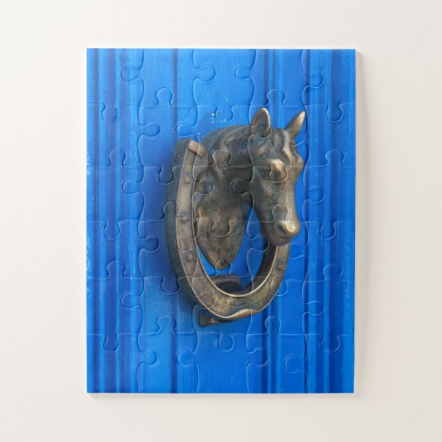 Quebra-cabeça Cavalo em Bronze sobre Azul | Arte de Aldrava de P (Vertical)