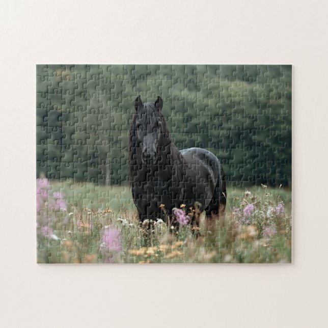 Quebra-cabeça Cavalo Frísia num Campo de Flor Selvagem (Horizontal)
