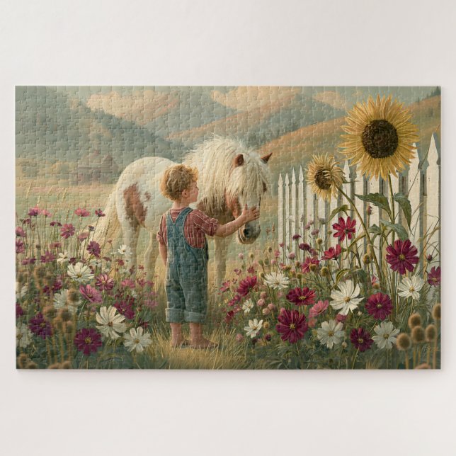 Quebra-cabeça Cavalo Infantil Flores Silvestres Montanhas Prado (Horizontal)