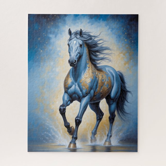Quebra-cabeça cavalo majestoso em azul e ouro (Vertical)