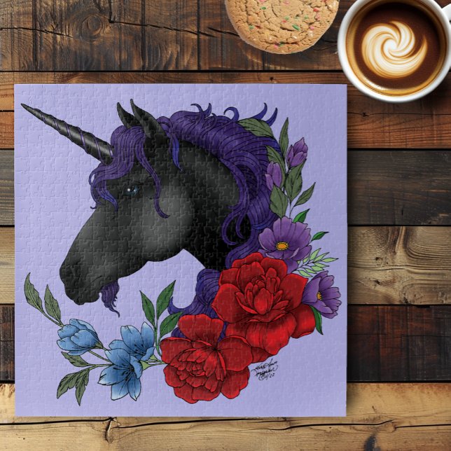 Quebra-cabeça Cavalo-marinho Preto Flores do Jardim da Meia-noit (Criador carregado)