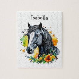 Quebra-cabeça Cavalo Negro Cercado por Flores Personalizadas