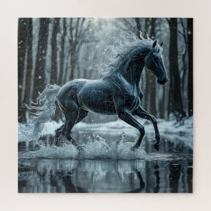 Quebra-cabeça Cavalo Preto Lindo Correndo Através da Água