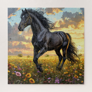 Quebra-cabeça Cavalo Preto Majestoso Galopando Através de um F V