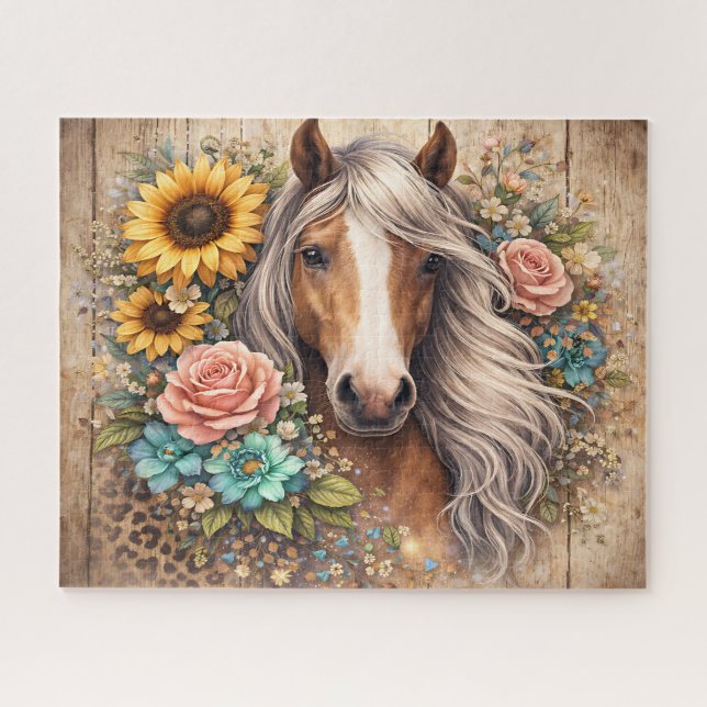 Quebra-cabeça Cavalo Rústico Com Flores (Horizontal)