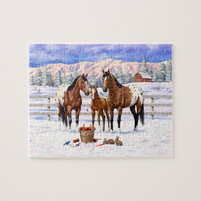 Quebra-cabeça Cavalos Appaloosa De Baía Castanha Em Neve (Horizontal)