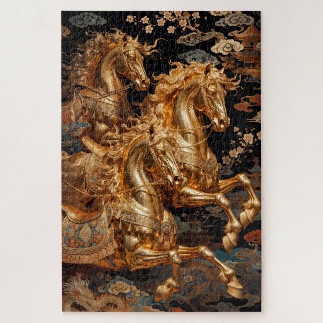 Quebra-cabeça Cavalos da Tempestade Dourada no Céu Noturno (Vertical)