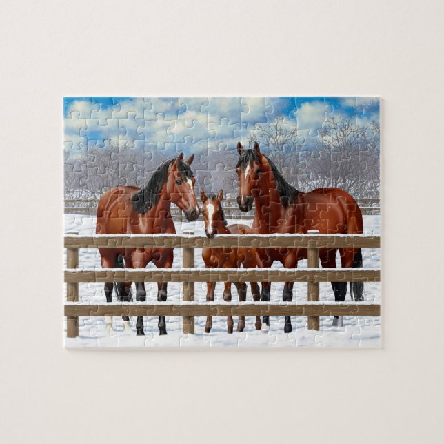 Quebra-cabeça Cavalos De Quarto De Baía Na Neve (Horizontal)