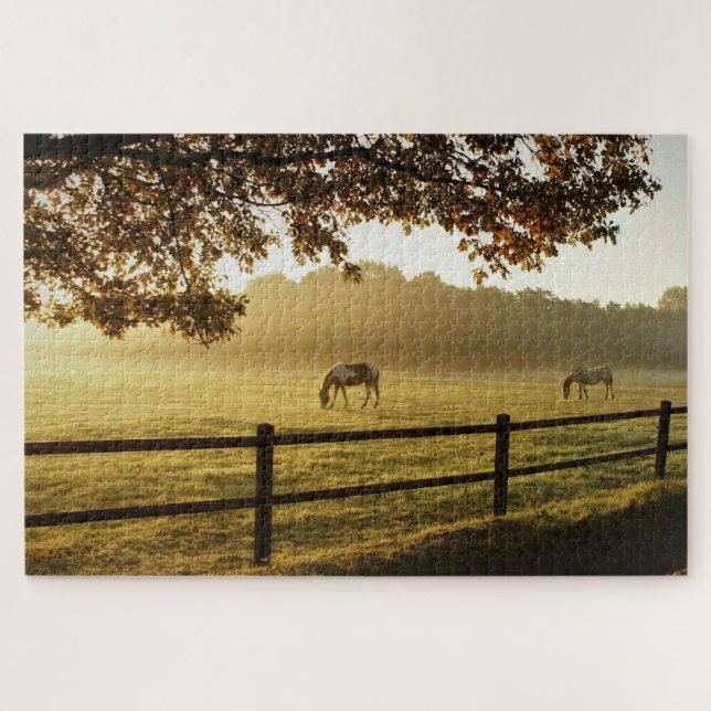 Quebra-cabeça Cavalos num campo numa manhã ensolarada (Horizontal)