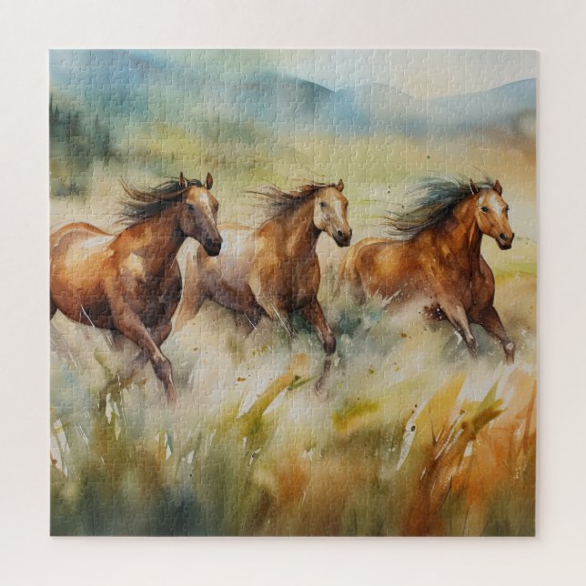 Quebra-cabeça Cavalos Selvagens Correndo Campos Gramados Aquarel (Vertical)