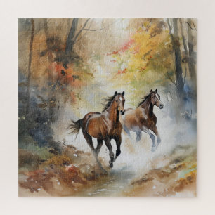 Quebra-cabeça Cavalos Selvagens Correndo Floresta Aquarela