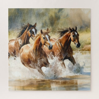 Quebra-cabeça Cavalos Selvagens Correndo Marrom Preto Aquarela