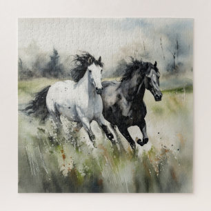 Quebra-cabeça Cavalos Selvagens Pretos e Brancos Aquarela
