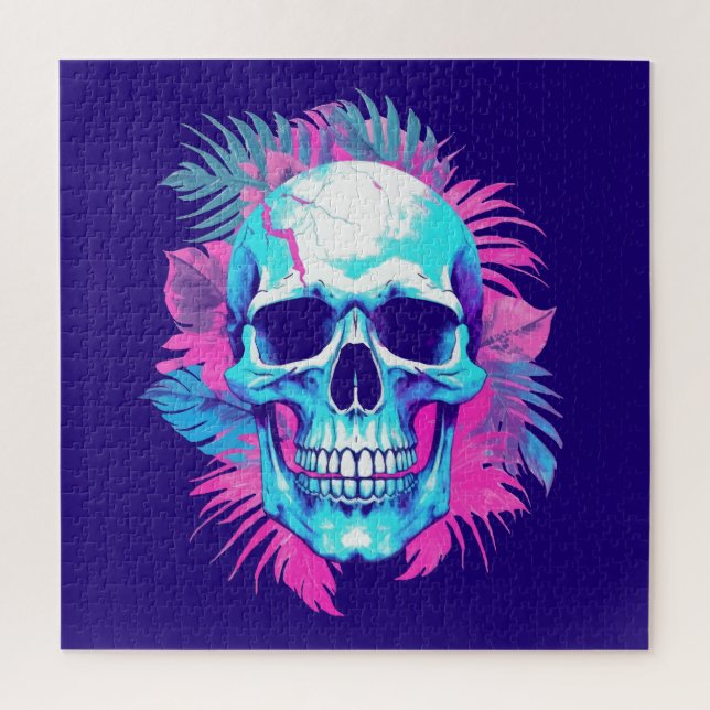 Quebra-cabeça Caveira Floral em Estilo Vaporwave (Vertical)