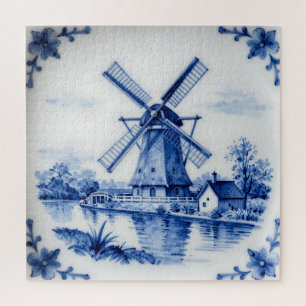 Quebra-cabeça Cena Clássica do Moinho de Vento em Delft Azul