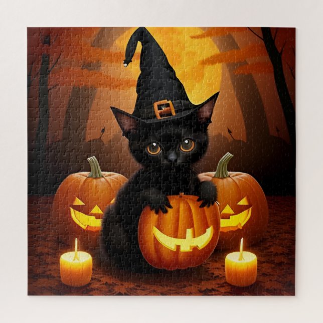 Quebra-cabeça Cena de Abóbora Gato Preto do Halloween (Vertical)