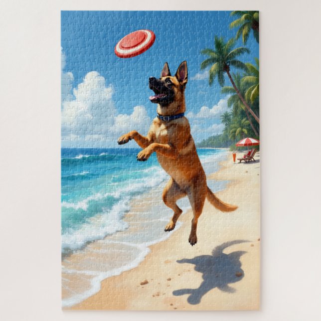 Quebra-cabeça Cena de Ação do Malinois Belga na Praia (Vertical)