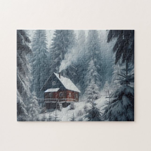 Quebra-cabeça Cena de Cabana de Inverno com Neve e Pinheiros (Horizontal)