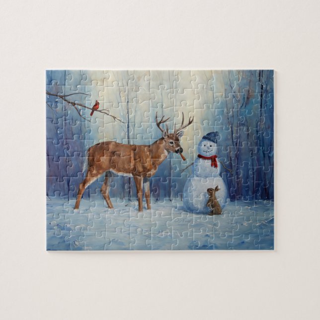 Quebra-cabeça Cena de Férias de Inverno Deer e Happy Snowman (Horizontal)