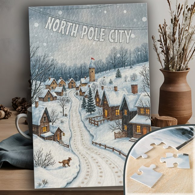 Quebra-cabeça Cena de Férias de Neve na Vila de Inverno Personal (Customizable Winter Village Charming Snowy Holiday North Pole Scene Jigsaw Puzzle)