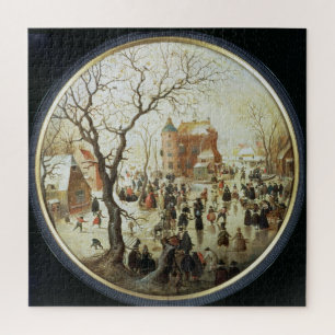 Quebra-cabeça Cena de inverno com Skateres perto de um Castelo