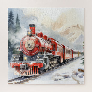 Quebra-cabeça Cena de Inverno em Aquarela Trem de Natal